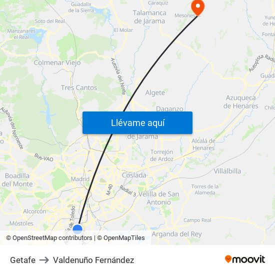 Getafe to Valdenuño Fernández map