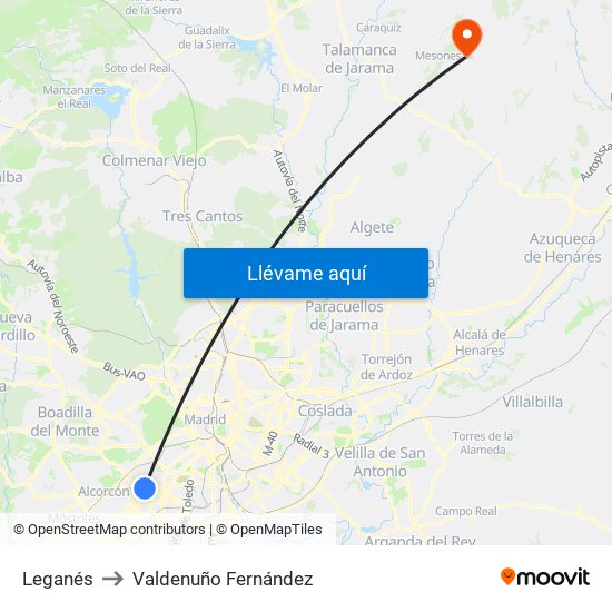 Leganés to Valdenuño Fernández map