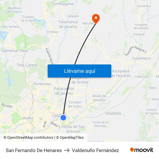 San Fernando De Henares to Valdenuño Fernández map