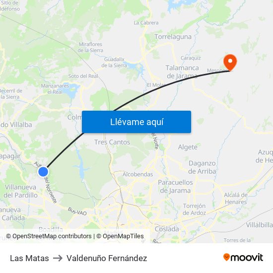 Las Matas to Valdenuño Fernández map