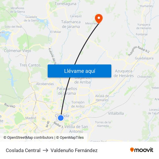Coslada Central to Valdenuño Fernández map