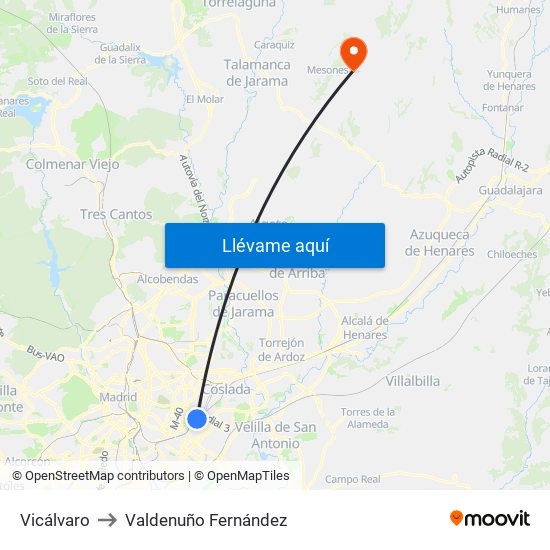 Vicálvaro to Valdenuño Fernández map