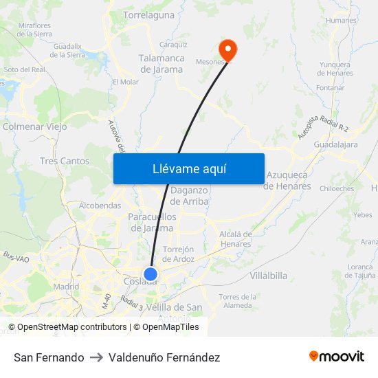 San Fernando to Valdenuño Fernández map