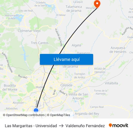 Las Margaritas - Universidad to Valdenuño Fernández map