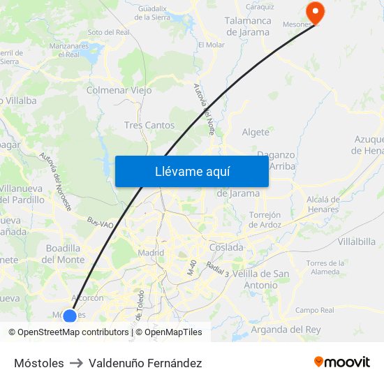 Móstoles to Valdenuño Fernández map