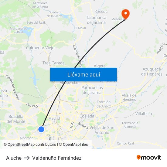 Aluche to Valdenuño Fernández map