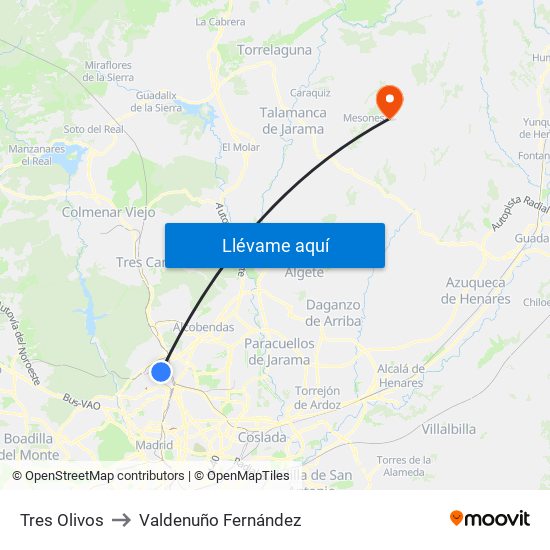 Tres Olivos to Valdenuño Fernández map