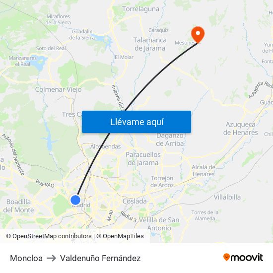 Moncloa to Valdenuño Fernández map