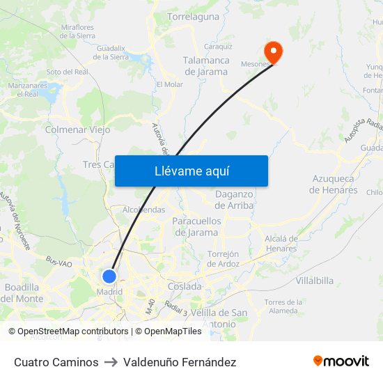 Cuatro Caminos to Valdenuño Fernández map
