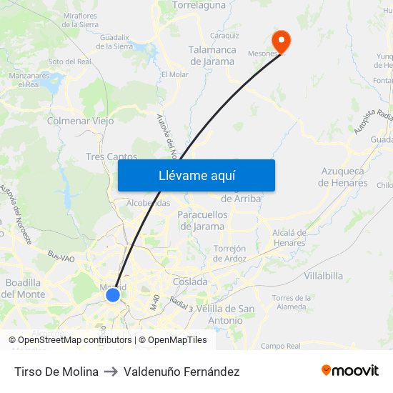 Tirso De Molina to Valdenuño Fernández map