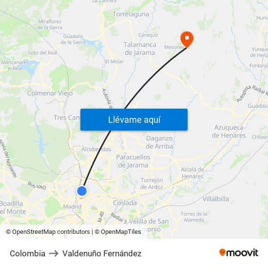 Colombia to Valdenuño Fernández map