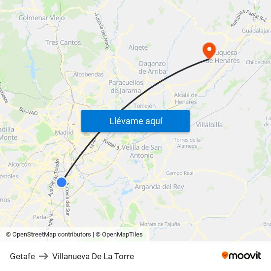 Getafe to Villanueva De La Torre map