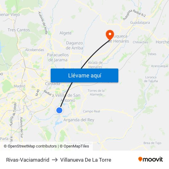 Rivas-Vaciamadrid to Villanueva De La Torre map