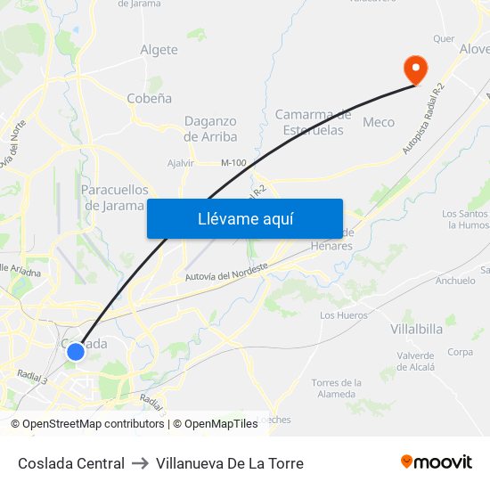 Coslada Central to Villanueva De La Torre map