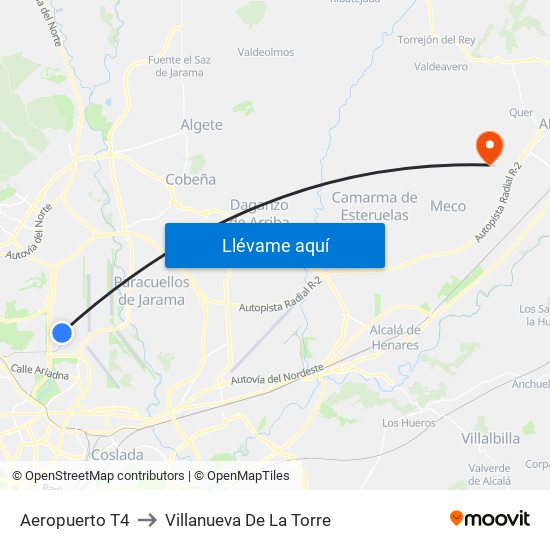 Aeropuerto T4 to Villanueva De La Torre map