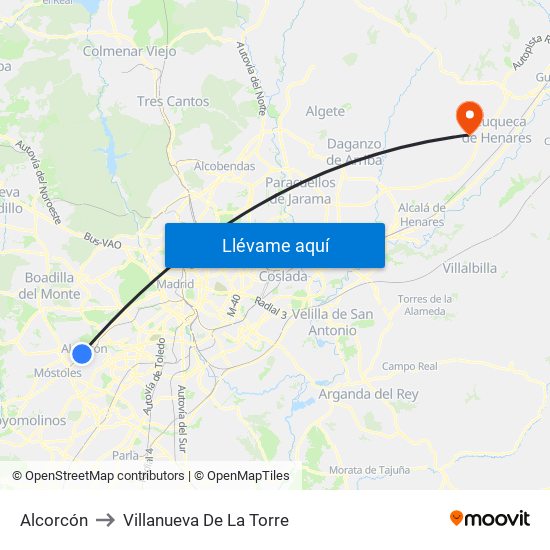 Alcorcón to Villanueva De La Torre map