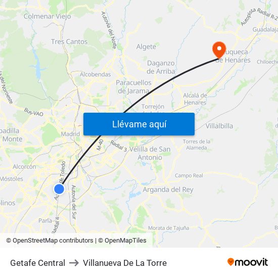 Getafe Central to Villanueva De La Torre map