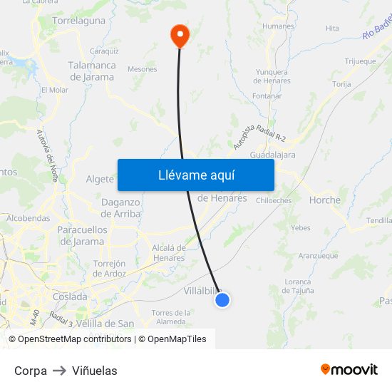 Corpa to Viñuelas map