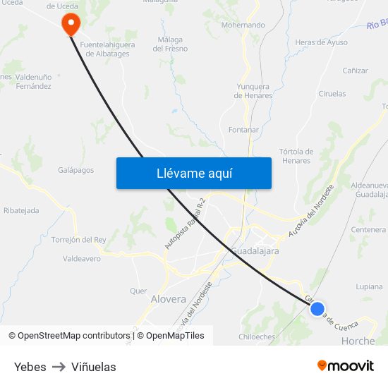 Yebes to Viñuelas map