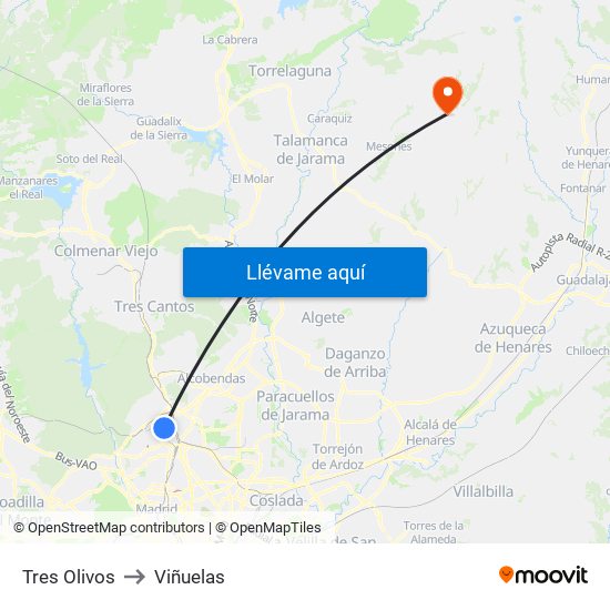 Tres Olivos to Viñuelas map