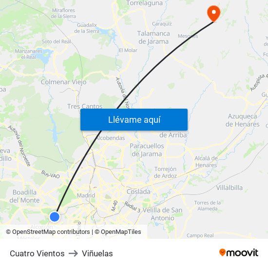 Cuatro Vientos to Viñuelas map