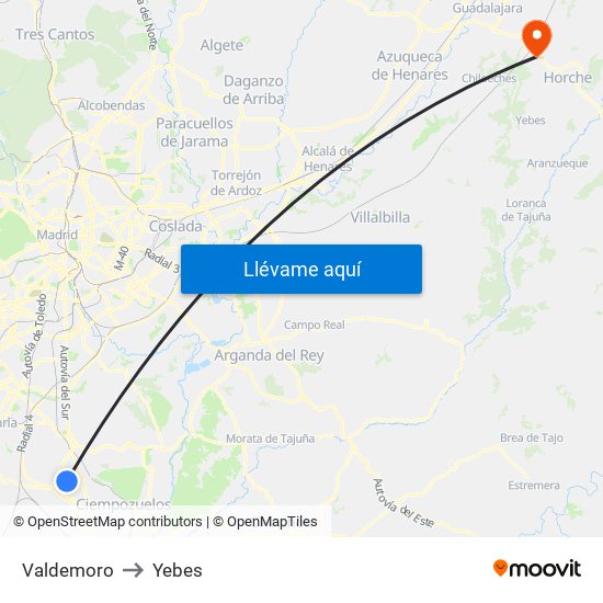 Valdemoro to Yebes map
