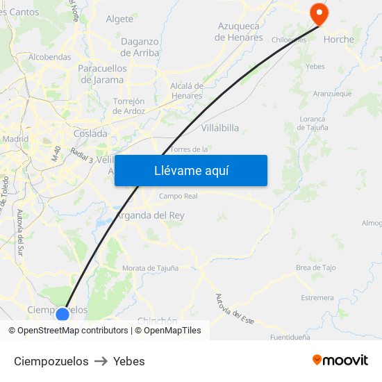 Ciempozuelos to Yebes map