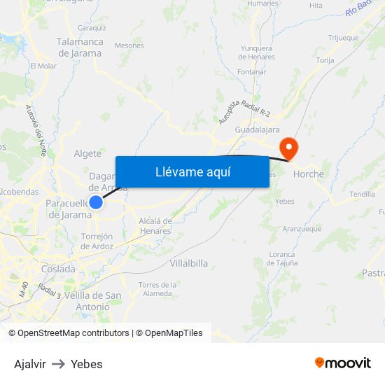 Ajalvir to Yebes map