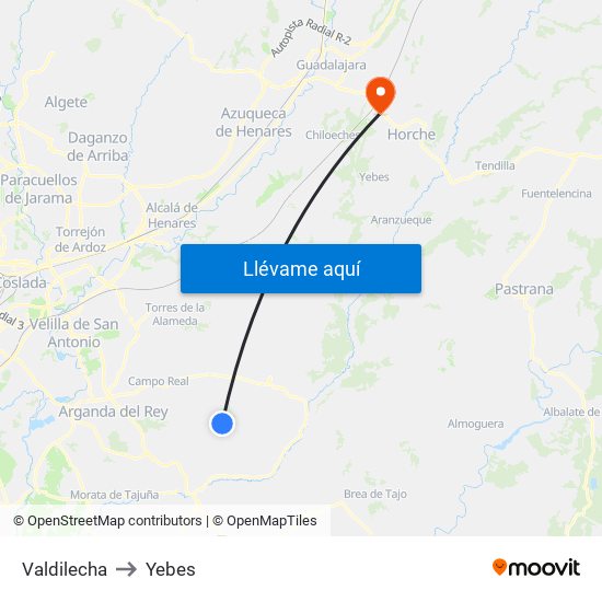 Valdilecha to Yebes map