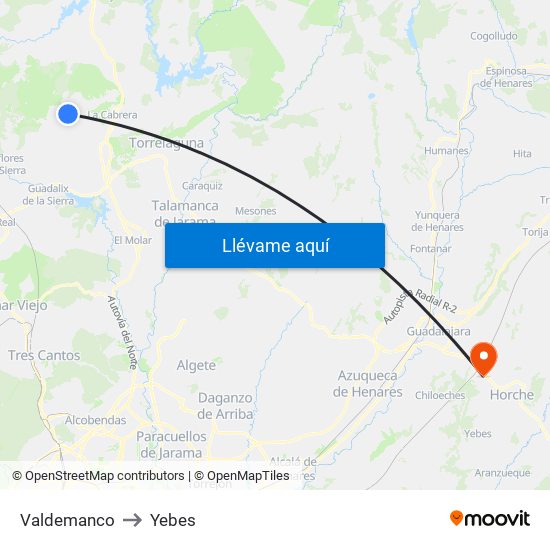 Valdemanco to Yebes map