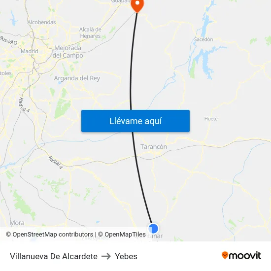 Villanueva De Alcardete to Yebes map