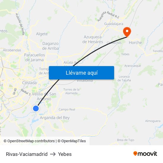 Rivas-Vaciamadrid to Yebes map