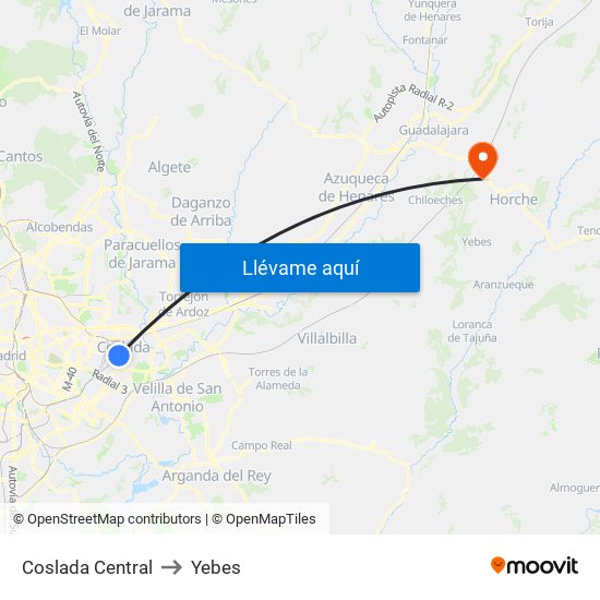Coslada Central to Yebes map