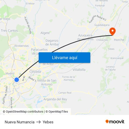 Nueva Numancia to Yebes map