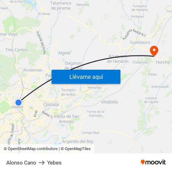 Alonso Cano to Yebes map