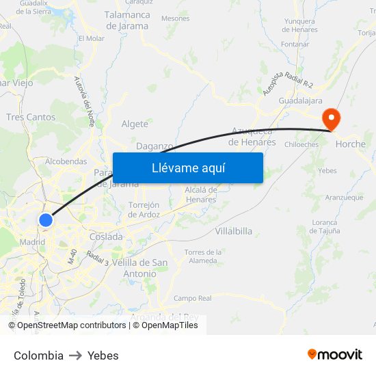 Colombia to Yebes map