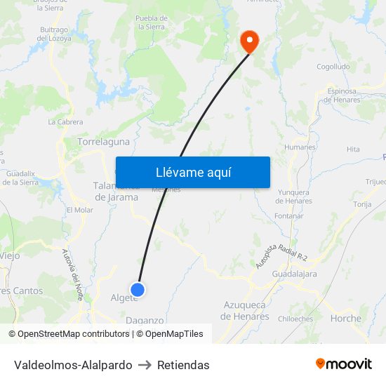 Valdeolmos-Alalpardo to Retiendas map