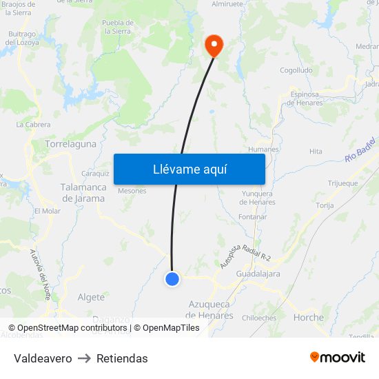 Valdeavero to Retiendas map