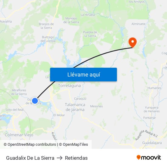Guadalix De La Sierra to Retiendas map