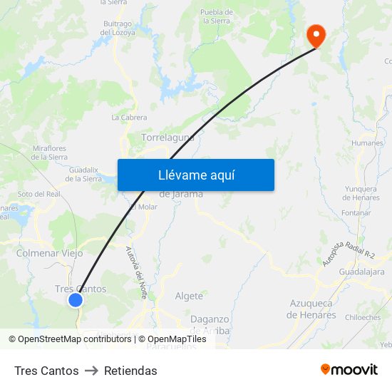 Tres Cantos to Retiendas map