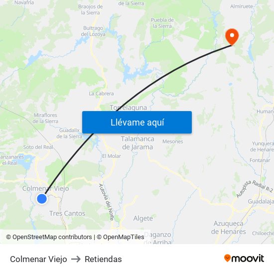 Colmenar Viejo to Retiendas map