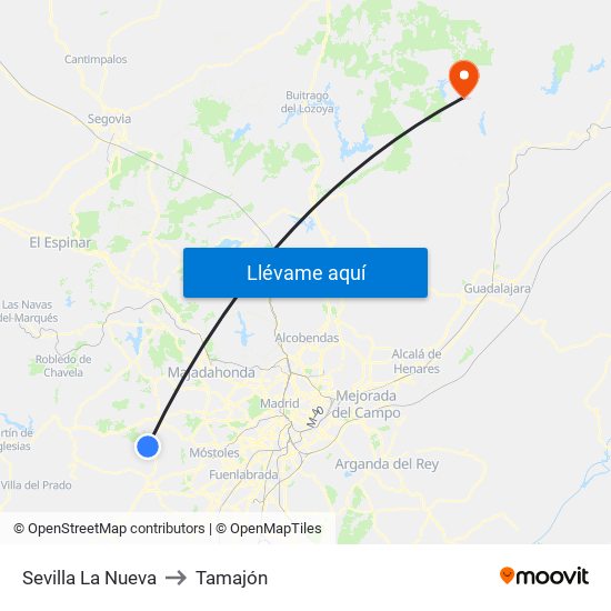 Sevilla La Nueva to Tamajón map