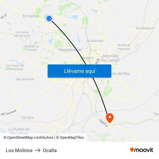Los Molinos to Ocaña map