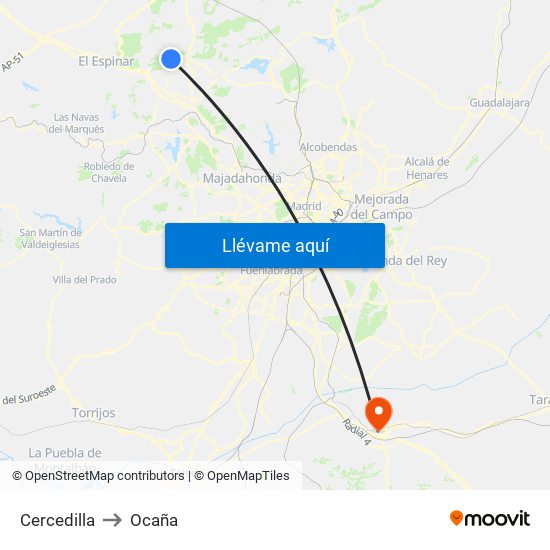 Cercedilla to Ocaña map