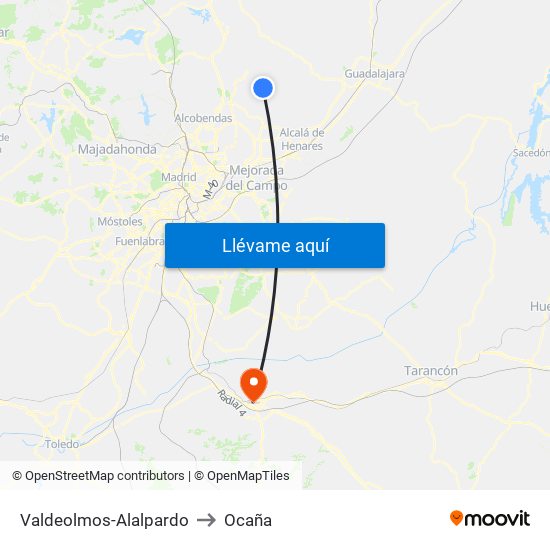 Valdeolmos-Alalpardo to Ocaña map