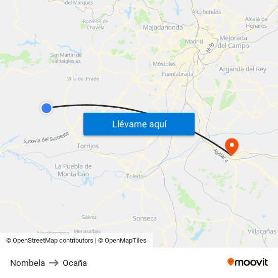 Nombela to Ocaña map