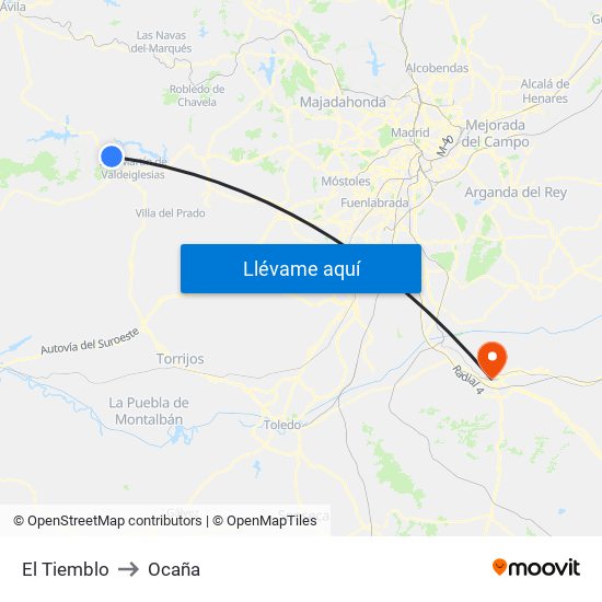 El Tiemblo to Ocaña map
