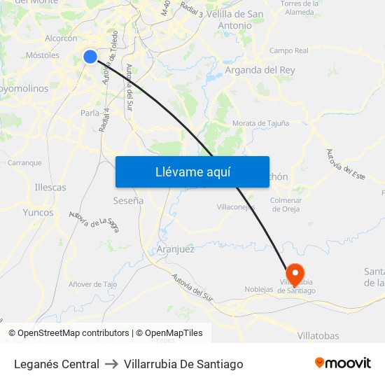 Leganés Central to Villarrubia De Santiago map