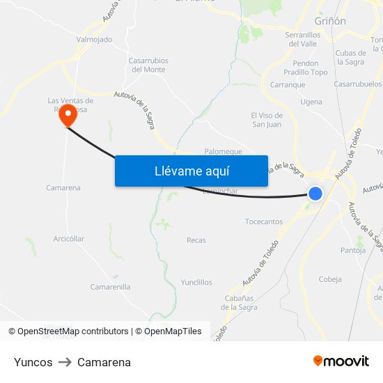 Yuncos to Camarena map