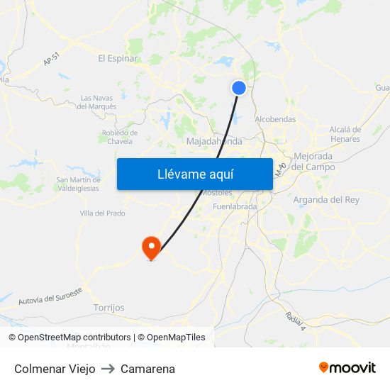 Colmenar Viejo to Camarena map